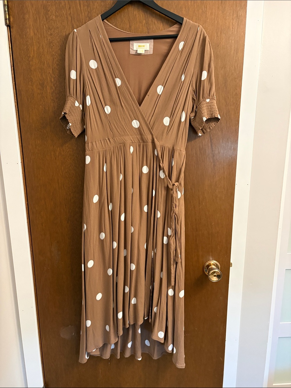 Maeve Brown and White Polka Dot Wrap High-Low Dress